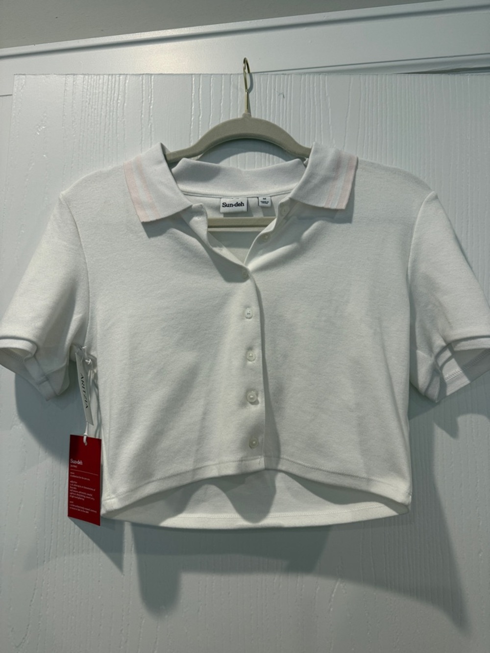 Aritzia White Cropped Polo with Pink Trim